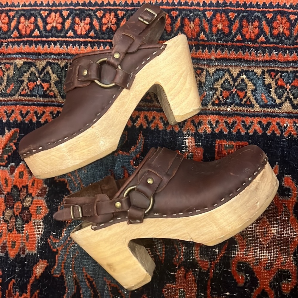 No. 6 Old School Platform Clog Brown Leather, Brass Details & Heel Strap Sz. 38